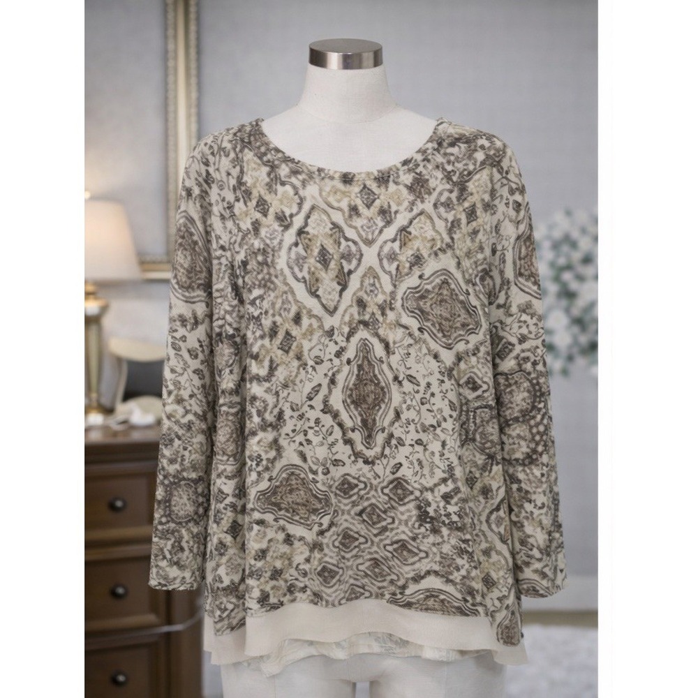 J. Jill Knit Sweater Pullover Beige Gold Print‎ Chiffon Hem Womens Size XS